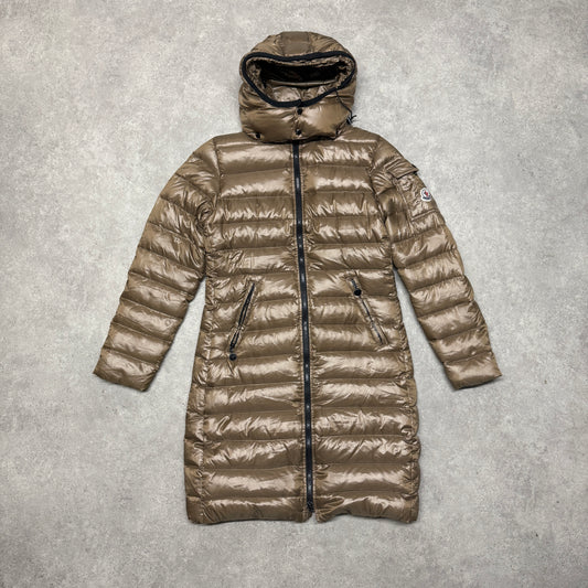 Moncler Long Down Puffer Jacket With Hoodie Size S Brown