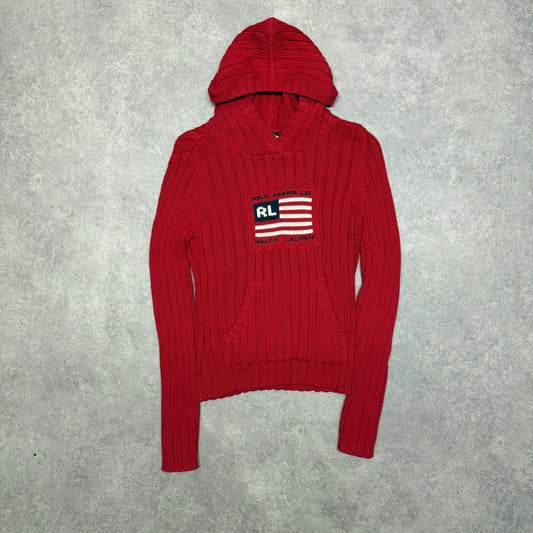 Polo Ralph Lauren American Flag Hooded  Heavy Knit Jumper Size S Red