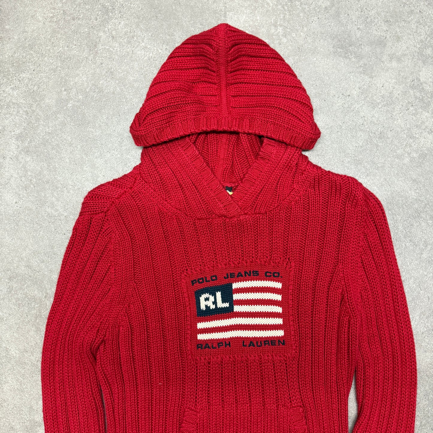 Polo Ralph Lauren American Flag Hooded  Heavy Knit Jumper Size S Red