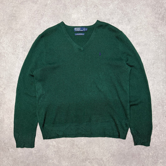 Polo Ralph Lauren Wool Jumper V Neck Size L Green