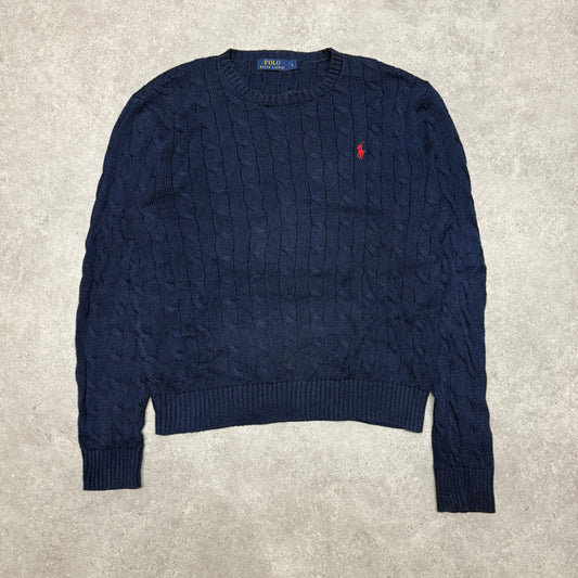 Polo Ralph Lauren Crew Neck Cable Knit Jumper Size L Navy