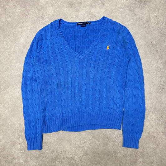 Polo Ralph Lauren V Neck Cable Knit Jumper Women Size XL Blue