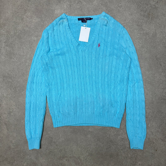 Polo Ralph Lauren V Neck Cable Knit Jumper Size XL Light Blue