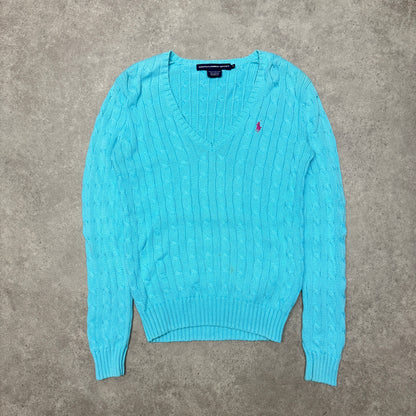 Polo Ralph Lauren V Neck Cable Knit Jumper Women  Size M Light Blue