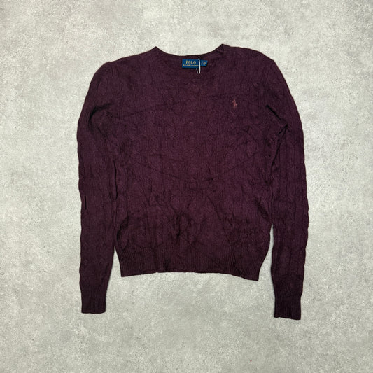 Polo Ralph Lauren Crew Neck Wool Cable Knit Jumper Women Size S Burgundy