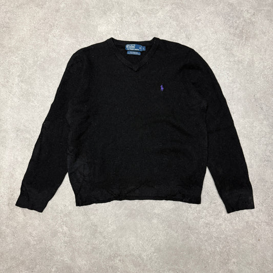 Polo Ralph Lauren V Neck Wool Knit Jumper  Size L (Fit M ) Black