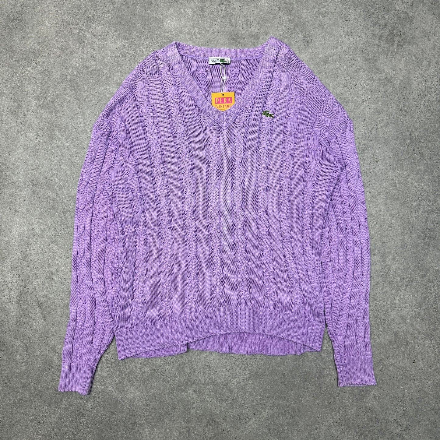 Lacoste V Neck Cable Knit Jumper  Size L Purple