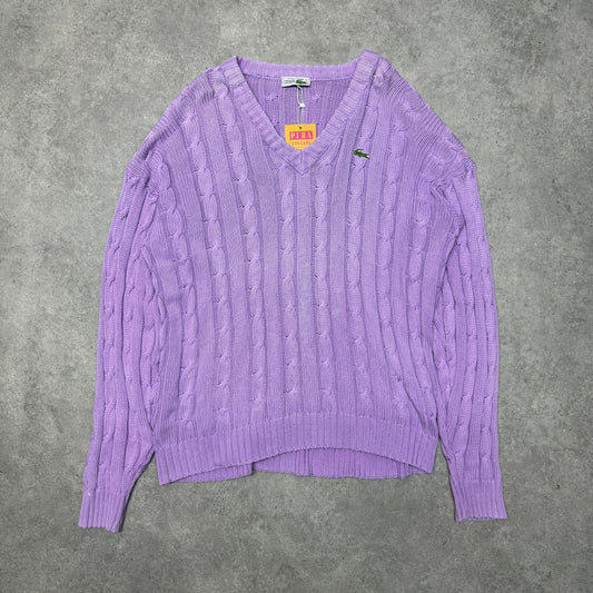 Lacoste V Neck Cable Knit Jumper  Size L Purple